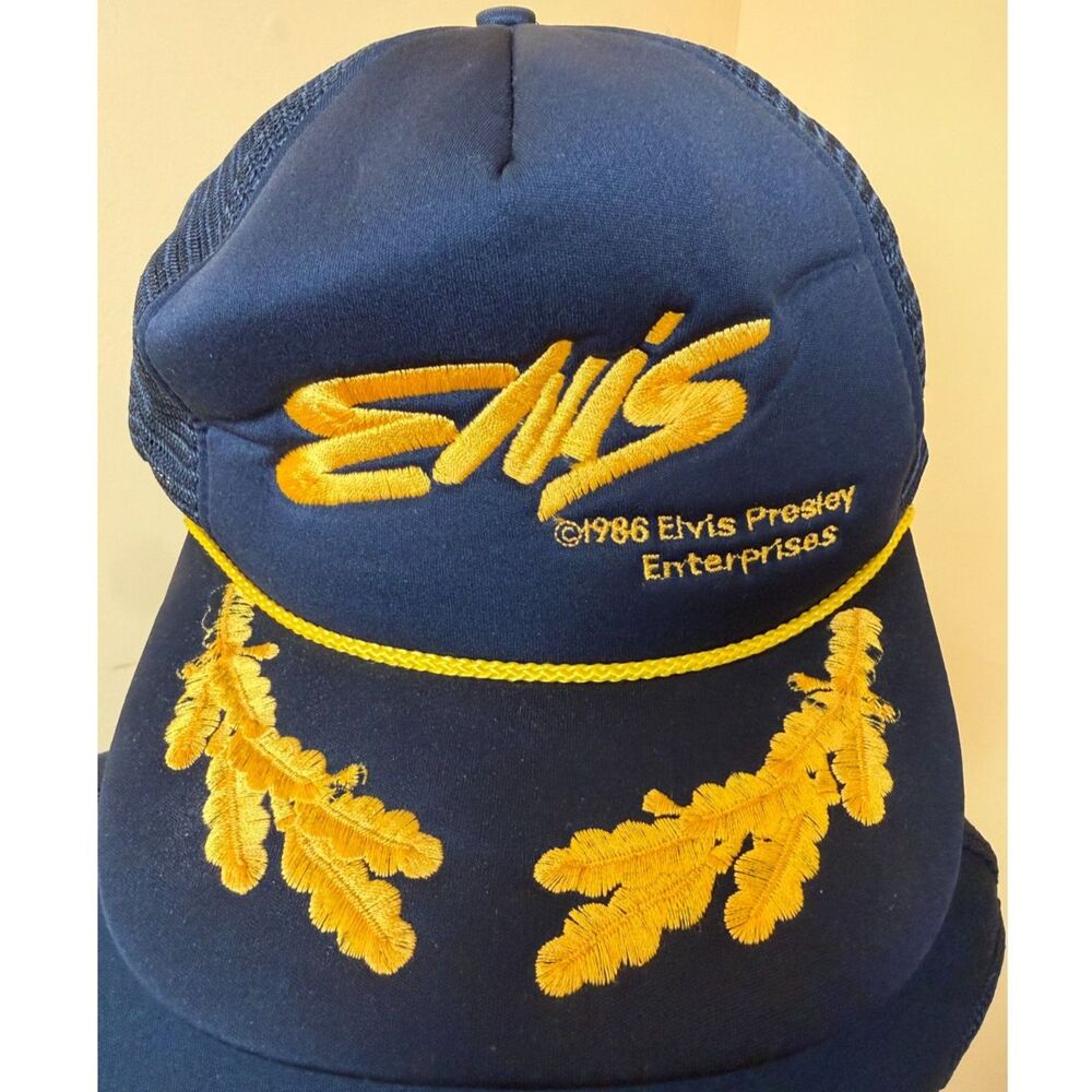 Vintage 1986 Elvis Presley Trucker Rope Hat Black Gold Scrambled Eggs Snapback
